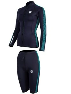 Two Bare Feet Womens Silicone Print Series 2.5mm Wetsuit Jacket & Shorts Set (Black/Mint) -Ocean Glide Ready 3 30