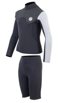 Two Bare Feet Junior Aspect Fleece Lined Zipless Thermal 2.5mm Superstretch Wetsuit Top & Shorts Set (Black/Grey/Grey) -Ocean Glide Ready kzgrau z