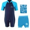 Deluxe Baby Swim Kit - Lycra Arm Wetsuit + Nappy Shorts + Towel (Aqua)
