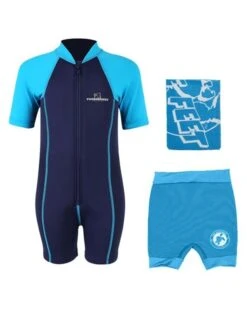 Deluxe Baby Swim Kit - Lycra Arm Wetsuit + Nappy Shorts + Towel (Aqua)