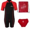 Deluxe Baby Swim Kit - Lycra Arm Wetsuit + Swim Nappy + Bag (Red)