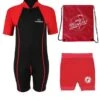 Deluxe Baby Swim Kit - Lycra Arm Wetsuit + Nappy Shorts + Bag (Red)