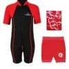Deluxe Baby Swim Kit - Lycra Arm Wetsuit + Nappy Shorts + Towel (Red)