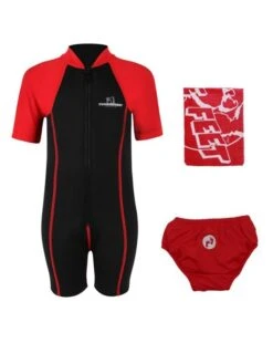 Deluxe Baby Swim Kit - Lycra Arm Wetsuit + Swim Nappy + Towel (Red)