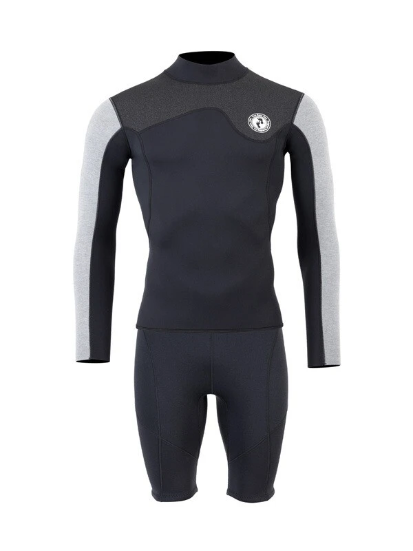 Two Bare Feet Mens Aspect Fleece Lined Zipless Thermal 2.5mm Superstretch Wetsuit Top & Shorts Set (Black/Grey/Grey) 1 Two Bare Feet Mens Aspect Fleece Lined Zipless Thermal 2.5mm Superstretch Wetsuit Top & Shorts Set (Black/Grey/Grey)