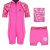 Deluxe Baby Swim Kit - Patterned Lycra Arm Wetsuit + Nappy Shorts + Towel (Pink)