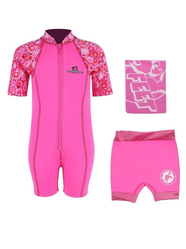Deluxe Baby Swim Kit - Patterned Lycra Arm Wetsuit + Nappy Shorts + Towel (Pink) 1 Deluxe Baby Swim Kit - Patterned Lycra Arm Wetsuit + Nappy Shorts + Towel (Pink)