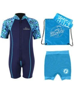 Premier Baby Swim Kit - Patterned Lycra Arm Wetsuit + Nappy Shorts + Towel + Bag (Aqua)