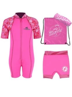 Premier Baby Swim Kit - Patterned Lycra Arm Wetsuit + Nappy Shorts + Towel + Bag (Pink)